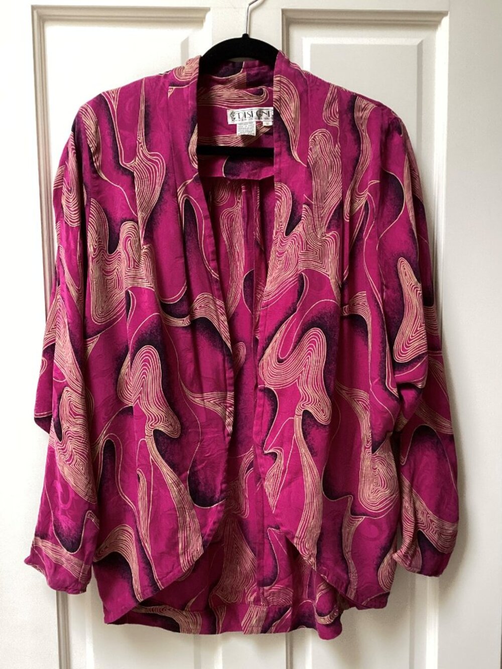 Disegni by Jon Benni purple, gold and black patterned silk top/jacket, size 12